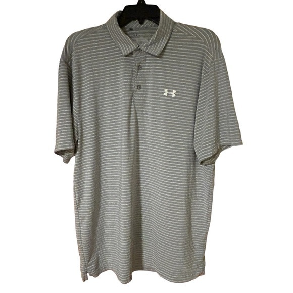 Under Armour Mens Heat Gear Loose Fit Stripped Polo Shirt Grey White Large‎ - Picture 1 of 8